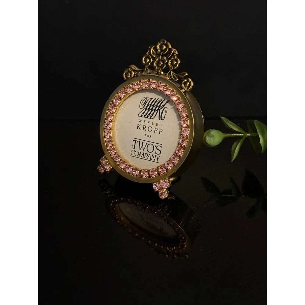 Wesley Kropp for Twos Company Gold Pink Rhinestone Mini Round Picture Frame